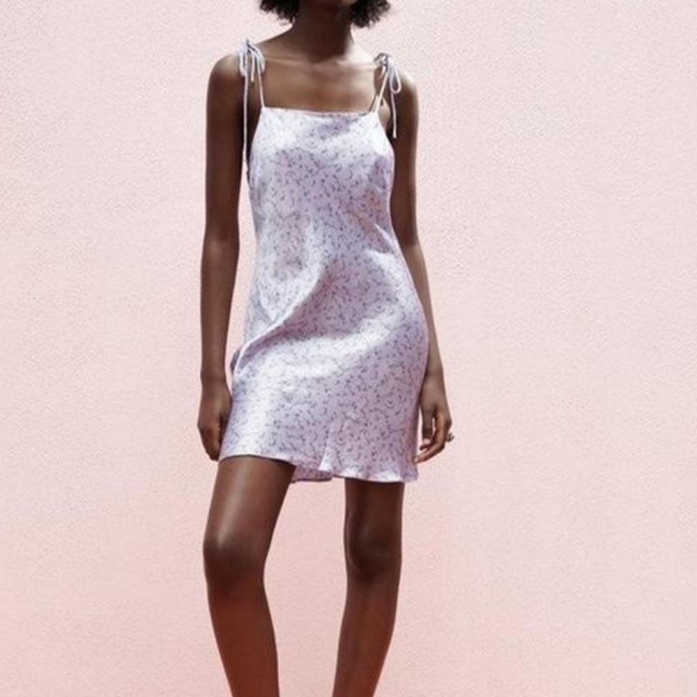 Zara Lilac Floral Satin Mini Slip Dress Spring Easter Feminine